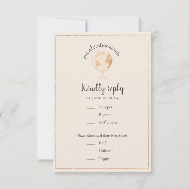 Our Adventure World Globe Map Travel Theme Wedding RSVP Card (Front)