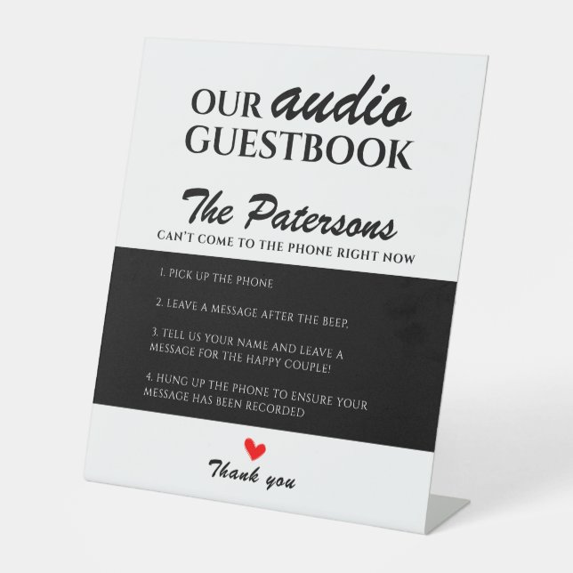 Our Audio Guestbook Wedding Black White Modern Pedestal Sign (Front)