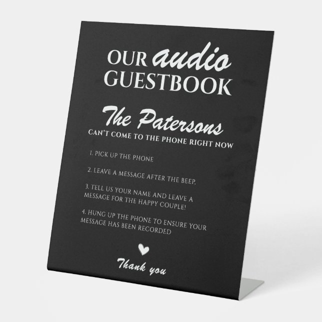 Our Audio Guestbook Wedding Black White Modern Pedestal Sign (Front)