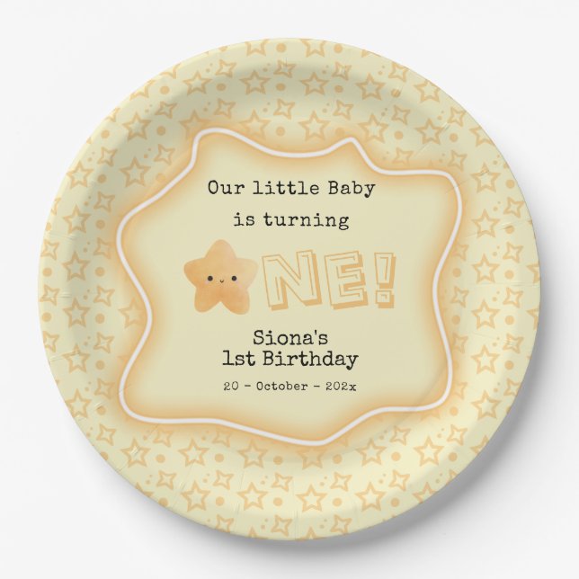 Our Baby Is Turning One Cute Star 1st Birthday Paper Plate (Front)