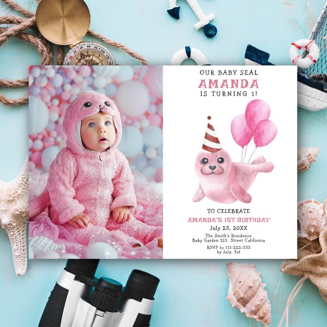 Our Baby Seal 1st Birthday Pink Girl Party Invitation (Creator Uploaded)