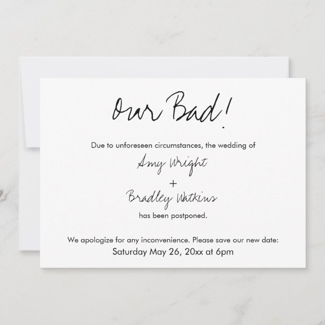 "Our Bad" Humourous Postponed Wedding Announcement (Front)