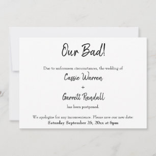 "Our Bad!" Postponed Wedding Announcement