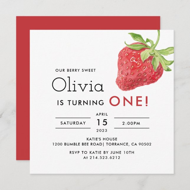 Our Berry Sweet Strawberry 1st Birthday Square Invitation (Front/Back)