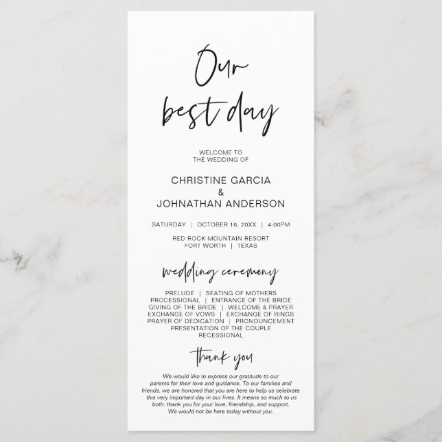 Our Best Day, Modern Minimalist Wedding Program Programme (Front)