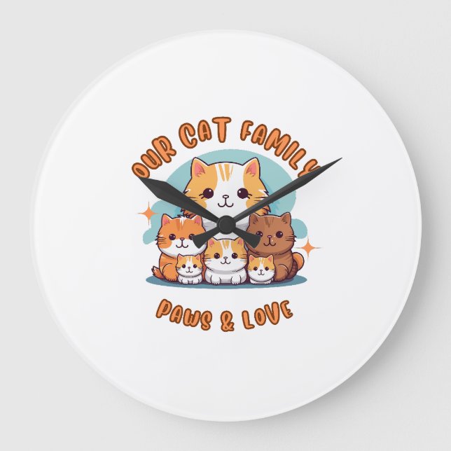 "Our Cat Family Paws & Love Wall Clock" Large Clock (Front)