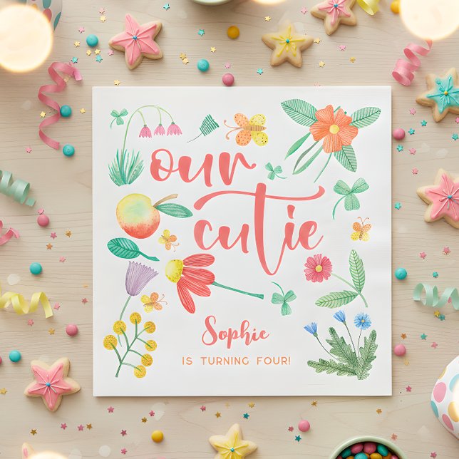 Our cutie is... floral kids birthday party napkin (Creator Uploaded)