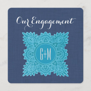 Our Engagement Aqua Lace Initials V09 NAVY BLUE Invitation