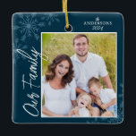 Our Family Handwriting Photo Blue Christmas Ceramic Ornament<br><div class="desc">This square Christmas ornament is a perfect gift for any family. The design features a photo frame with handwritten text "Our Family" and is accented with light blue snowflakes on a dark blue background. Personalise with your favourite family photo,  name and year.</div>