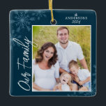 Our Family Handwriting Photo Blue Christmas Ceramic Ornament<br><div class="desc">This square Christmas ornament is a perfect gift for any family. The design features a photo frame with handwritten text "Our Family" and is accented with light blue snowflakes on a dark blue background. Personalise with your favourite family photo,  name and year.</div>