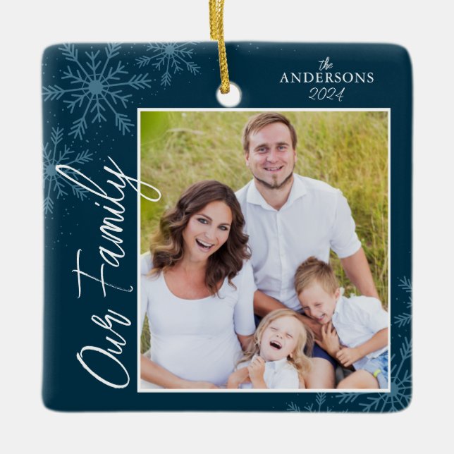 Our Family Handwriting Photo Blue Christmas Ceramic Ornament (Front)