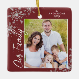 Our Family Handwriting Photo Red Christmas Ceramic Ornament