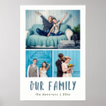 Our Family | Modern Three Photo Grid Poster<br><div class="desc">This fun and stylish poster features three of your personal family photos,  with modern teal text that says "our family" plus a spot to personalise with your family name and the year.</div>
