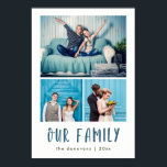 Our Family | Modern Three Photo Grid Poster<br><div class="desc">This fun and stylish poster features three of your personal family photos,  with modern teal text that says "our family" plus a spot to personalise with your family name and the year.</div>