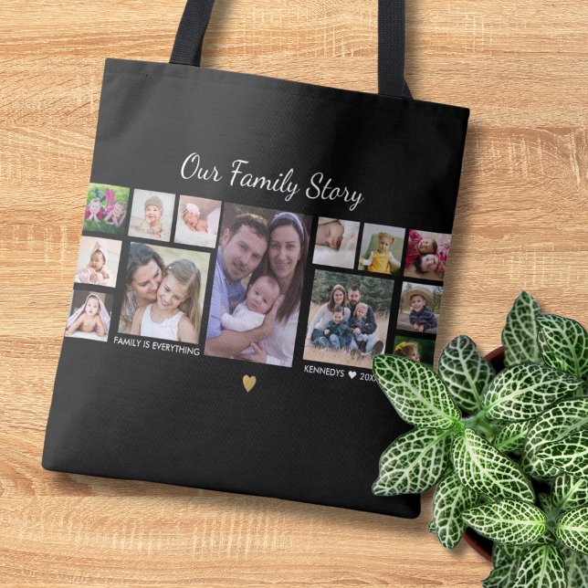 Our Family Story Quote Name 13 Photo Collage Black Tote Bag (Creator Uploaded)