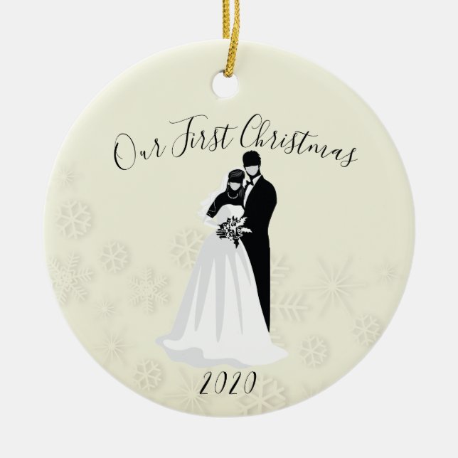 Our First Christmas 2020 Face Mask Bride Groom Ceramic Tree Decoration (Front)