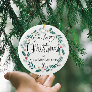 Our First Christmas 2025 Newlywed Mr & Mrs Wreath Ceramic Tree Decoration