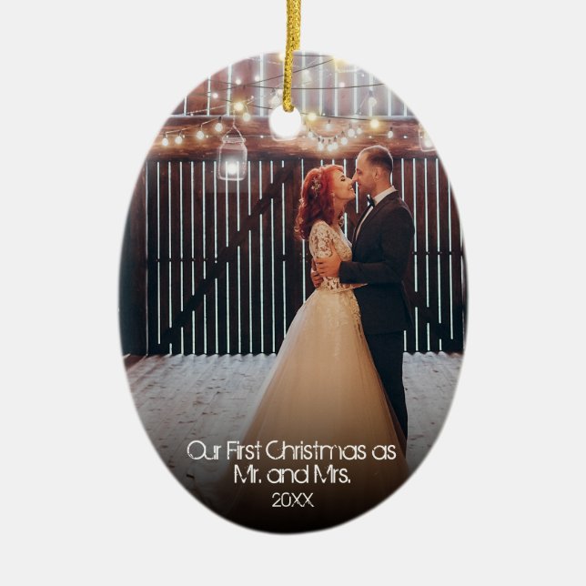 Our First Christmas 2 Photo Newlyweds Lights Ceramic Tree Decoration (Front)