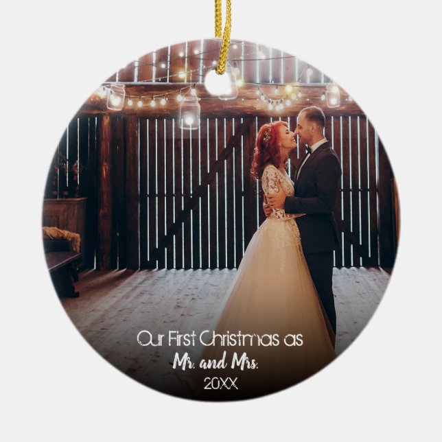 Our First Christmas 2 Photo Newlyweds Lights Ceramic Tree Decoration (Front)