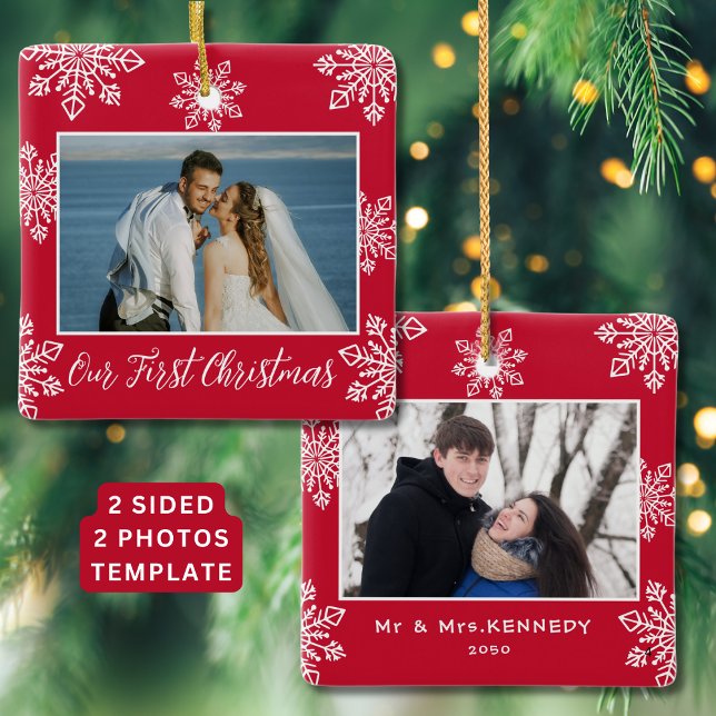 Our First Christmas 2 Photo White Snowflakes Red Ceramic Ornament (Our First Christmas 2 Photo White Snowflakes Red Ceramic Ornament)