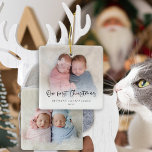 Our First Christmas 2 Photos Script Twin Baby Ceramic Ornament<br><div class="desc">Our First Christmas 2 Photos Script Twin Baby Names and Year. Great keepsake gift. A playful set script for Our First Christmas and easy to personalise with your babys' names and the year and replace the sample photos on each side with your own favourites. On the front, a gradient overlay...</div>