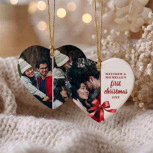 Our First Christmas 4 Photo Collage Red Bow Heart Ceramic Tree Decoration