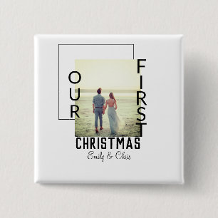 Our First Christmas add couple name photo minimal  15 Cm Square Badge