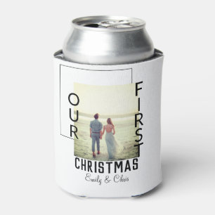 Our First Christmas add couple name photo minimal Can Cooler