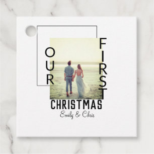 Our First Christmas add couple name photo minimal Favour Tags