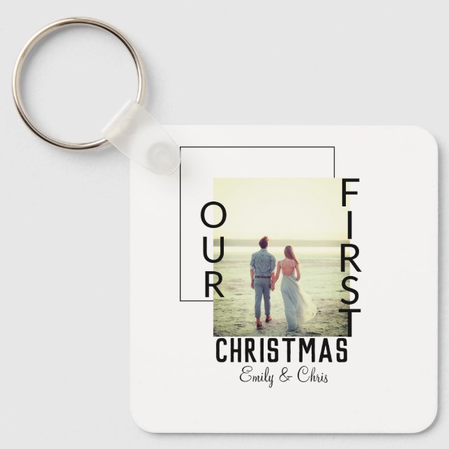 Our First Christmas add couple name photo minimal  Key Ring (Front)