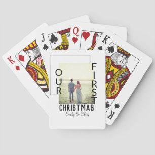 Our First Christmas add couple name photo minimal Playing Cards