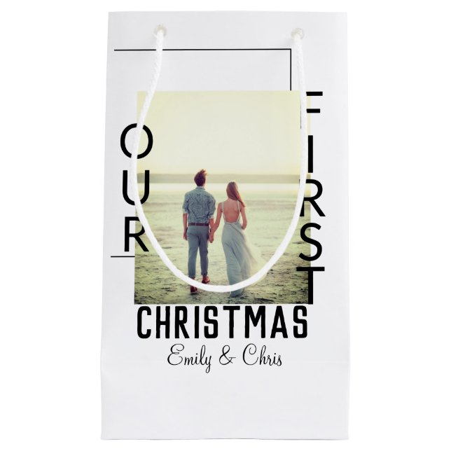 Our First Christmas add couple name photo minimal  Small Gift Bag (Front)