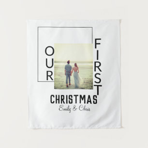 Our First Christmas add couple name photo minimal  Tapestry