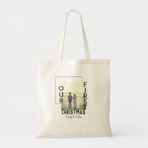 Our First Christmas add couple name photo minimal  Tote Bag