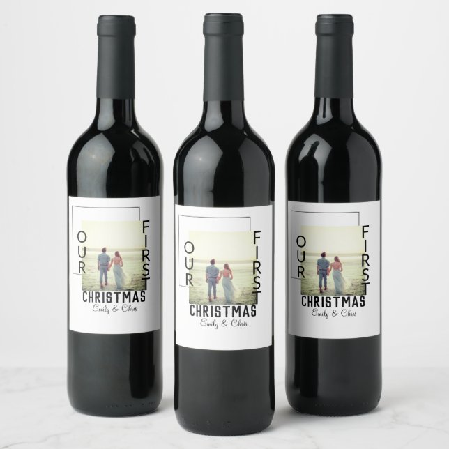 Our First Christmas add couple name photo minimal  Wine Label (Bottles)
