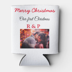 Our first Christmas add name photo wedding engaged Can Cooler