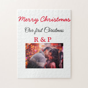 Our first Christmas add name photo wedding engaged Jigsaw Puzzle