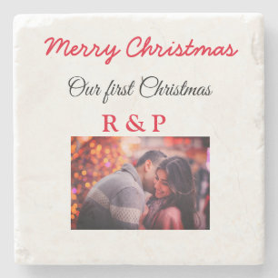 Our first Christmas add name photo wedding engaged Stone Coaster
