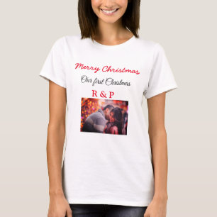 Our first Christmas add name photo wedding engaged T-Shirt