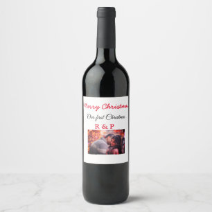 Our first Christmas add name photo wedding engaged Wine Label