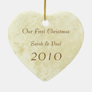 Our First Christmas Aged Damask Photo Ornament