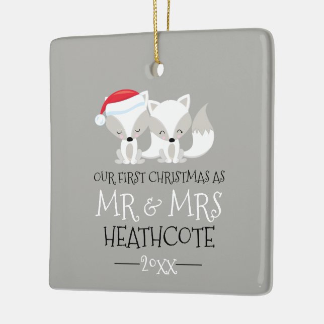 Our First Christmas Arctic Fox Personalised Ceramic Ornament (Left)