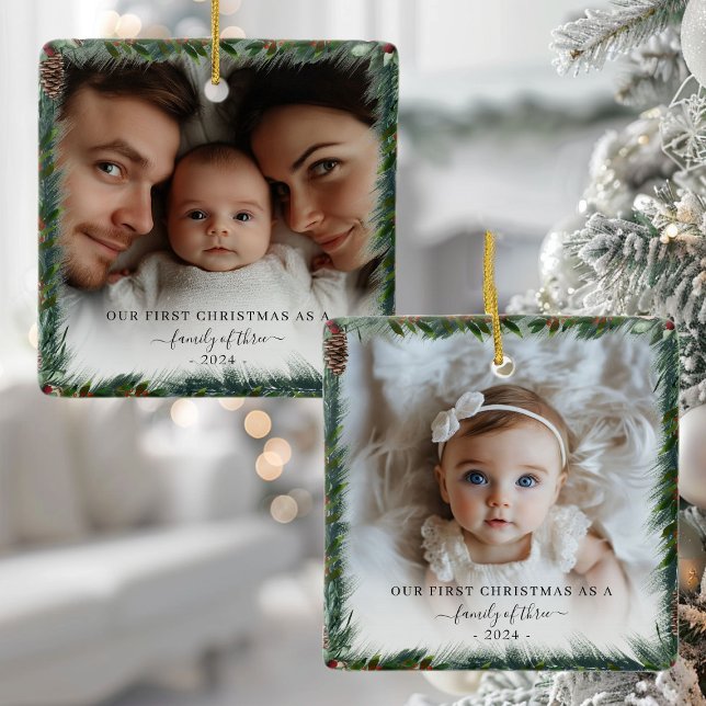 Our First Christmas As A Family 2 Photo Ceramic Ornament (Our First Christmas As A Family 2 Photo Ceramic Ornamen)