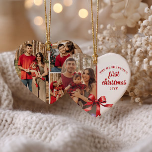 Our First Christmas As a family 4 Photo Red Bow  Ceramic Tree Decoration