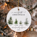 Our First Christmas As A Family of Four<br><div class="desc">Remember your first Christmas together with this lovely keepsake ornament. This design features a family of four Christmas trees. Easily edit the child's name and the year! This also makes a great gift for new parents!</div>