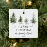 Our First Christmas As A Family of Four Ceramic Ornament<br><div class="desc">Remember your first Christmas together with this lovely keepsake ornament. This design features a family of four Christmas trees. Easily edit the child's name and the year! This also makes a great gift for new parents!</div>