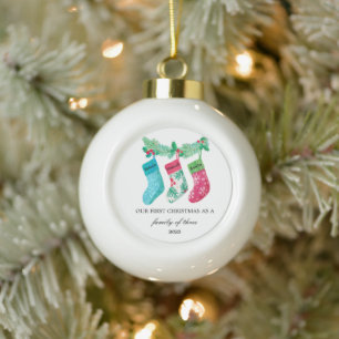 Our First Christmas as a Family of Three Ceramic Ball Christmas Ornament