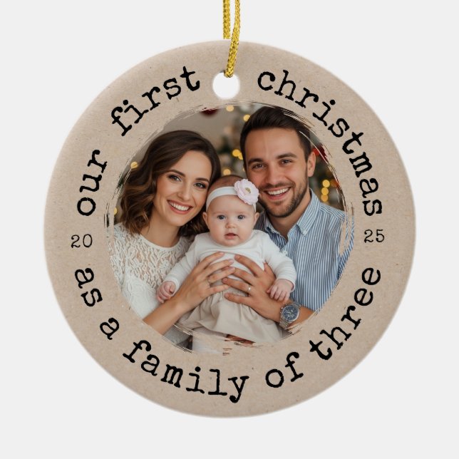 Our First Christmas as a Family of Three Ceramic Tree Decoration (Front)