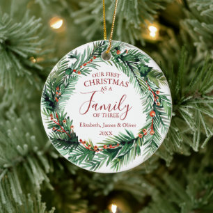 Our First Christmas As A Family Of Three Wreath Ceramic Tree Decoration