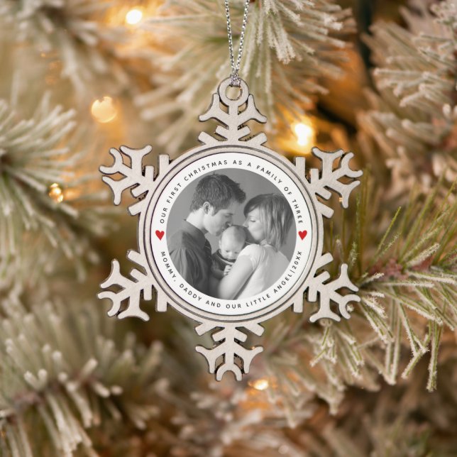 Our first Christmas as a family red hearts photo Snowflake Pewter Christmas Ornament (Tree)